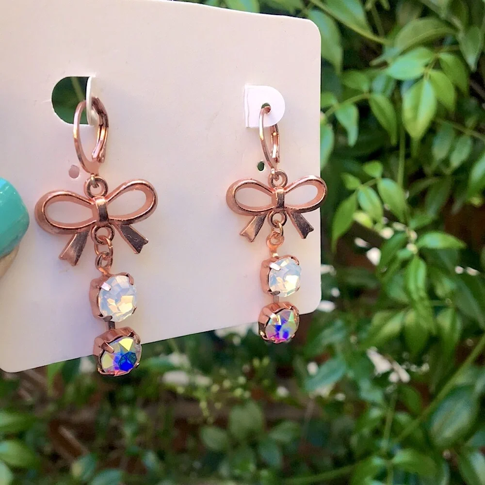 White Opal + Aurora Borealis Crystal Rose Gold Bow Earrings